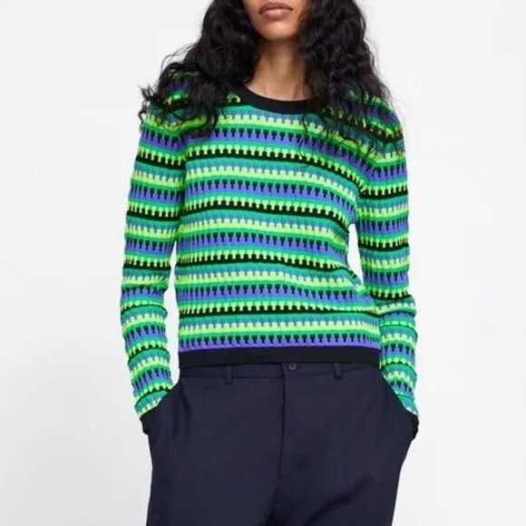 Zara Striped Cropped Green Black Purple Yellow Striped Sweater| sz M | Retro Top - Picture 1 of 7